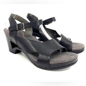 Dansko Tasha Black Leather Strappy Heel Clog Sandals
